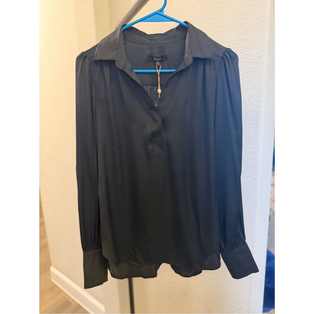 Quince Washable Stretch Silk Split Neck Long-Sleeve V-Neck Blouse Black S